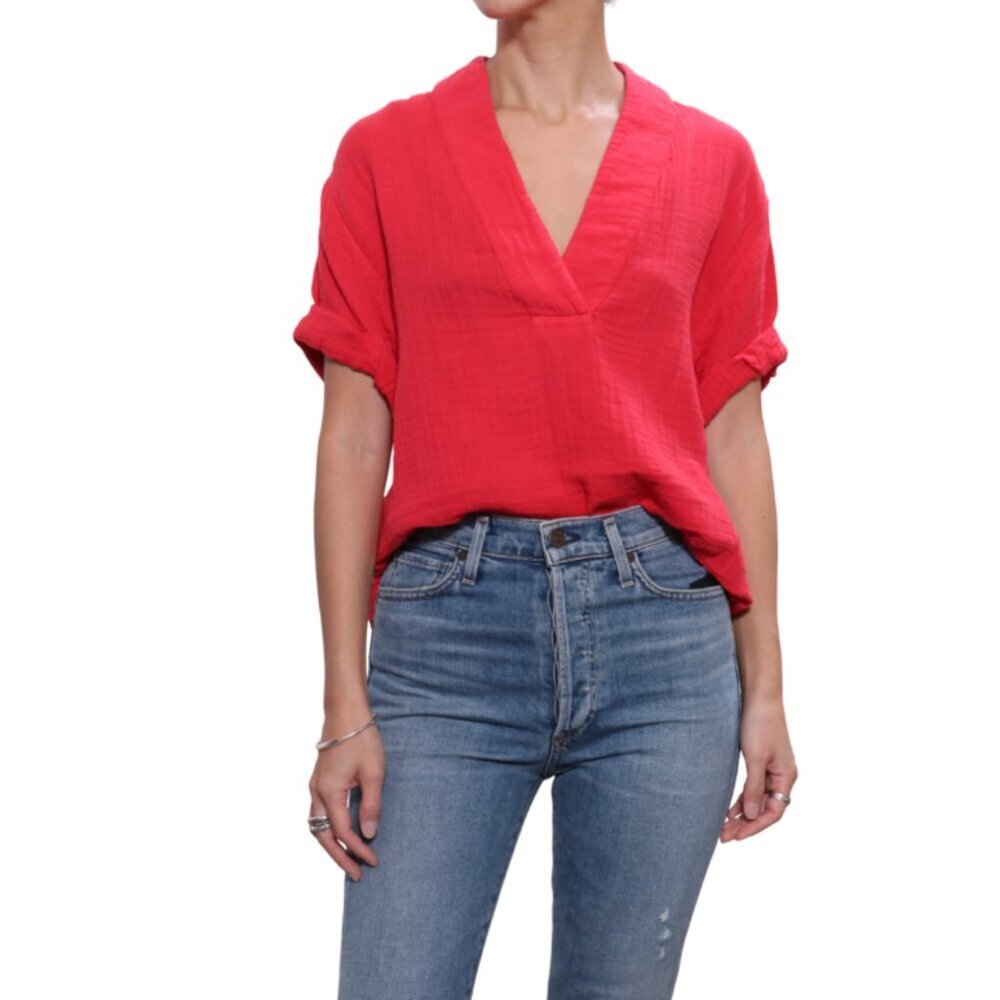 Xirena Avery Top Shirt Blouse Womens XS Redrock Red Orange V-Neck Cotton Gauze